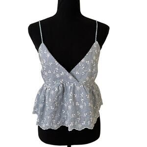 Zara Women Cropped Spaghetti Strap Blue & White V-Neck Peplum Blouse - Size XL